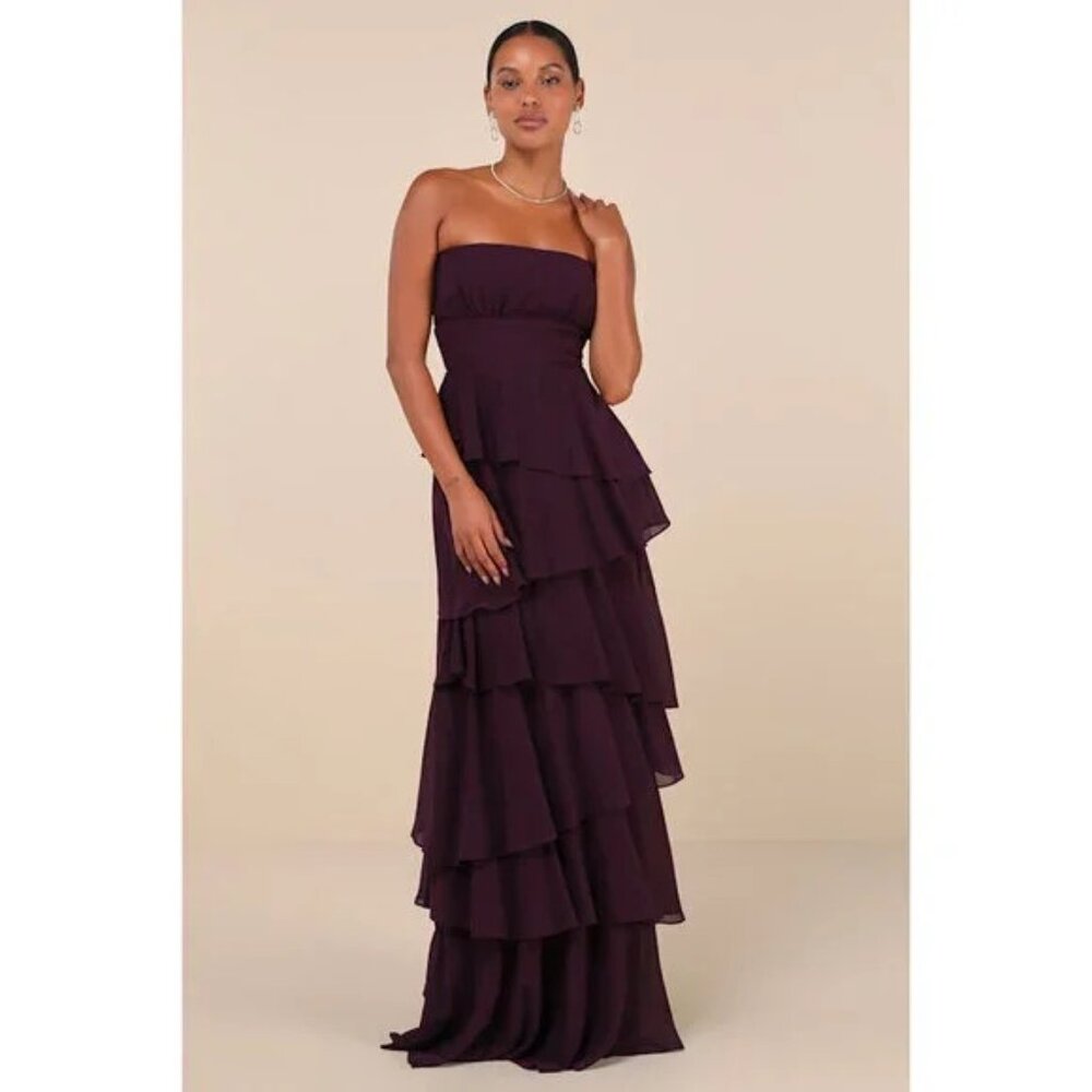 Lulus Gorgeous Essence Dark Purple Strapless Tiered Maxi Dress